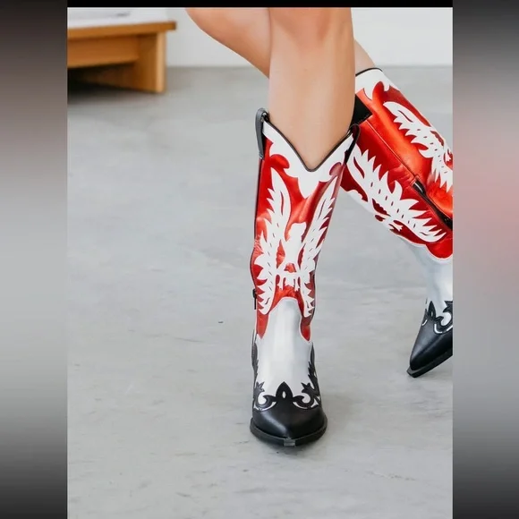 Mi.iM Western Midi Boots Size 10 Pointed Toe Red Silver Black Block Heel NEW - Picture 4 of 8